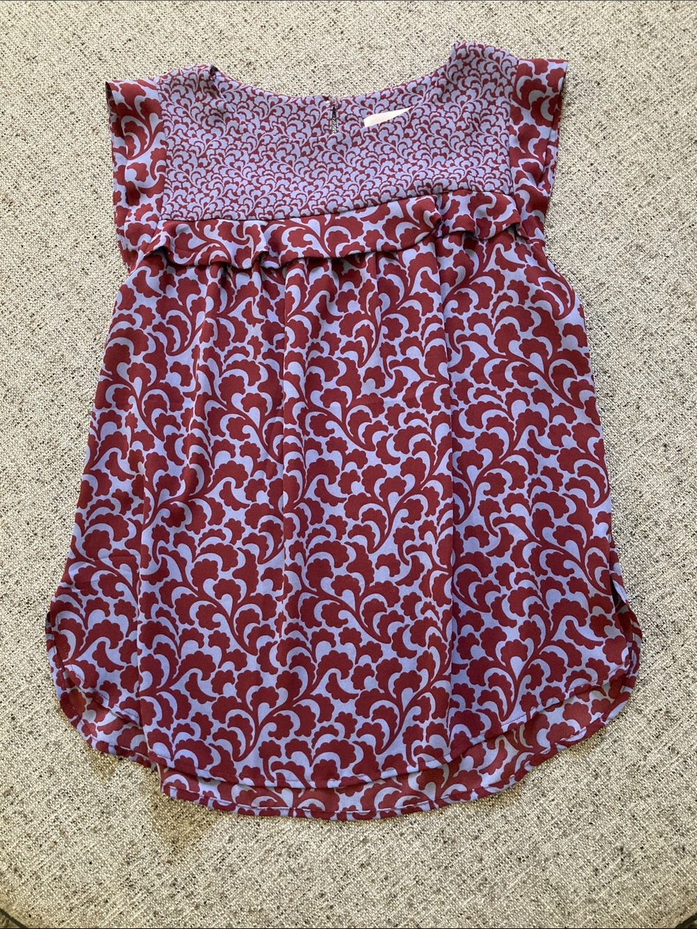 LOFT Burgundy and Light Blue Sleeveless Ruffle Yoke Blouse